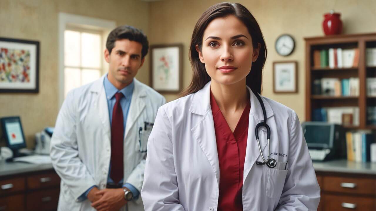 Imagen de una doctora y un doctor con bata blanca.